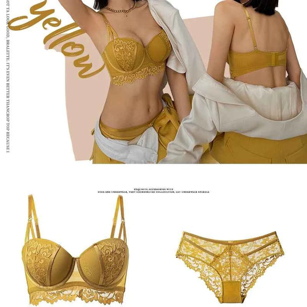 Deep V Lace Embroidery Push-Up Bra Set
