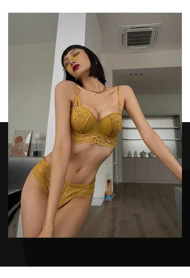 Deep V Lace Embroidery Push-Up Bra Set