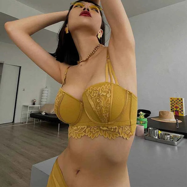 Deep V Lace Embroidery Push-Up Bra Set