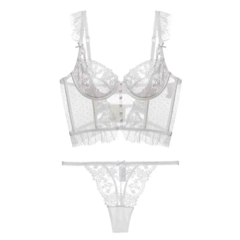 Ultra-Thin Lace Flowers Embroidery Bra & Thong Set with Body Shaper