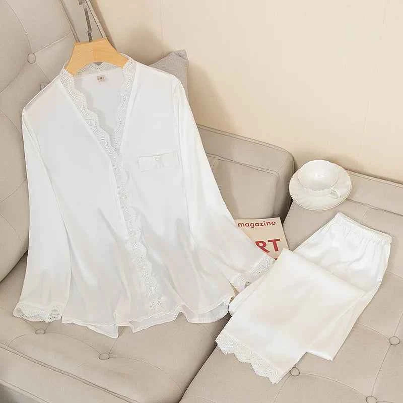 Solid Satin Pajama Set with Lace Trim - SHOPPERS' CASTLE