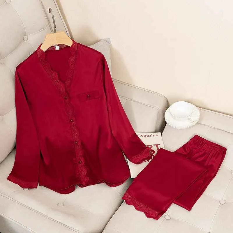 Solid Satin Pajama Set with Lace Trim - SHOPPERS' CASTLE