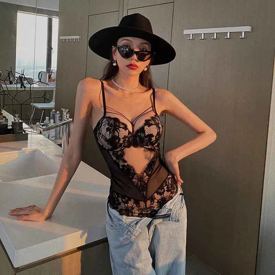Classic Bandage Hollow Lace Bodysuit with Push-Up Bra