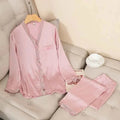 Solid Satin Pajama Set with Lace Trim - SHOPPERS' CASTLE