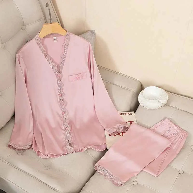 Solid Satin Pajama Set with Lace Trim - SHOPPERS' CASTLE