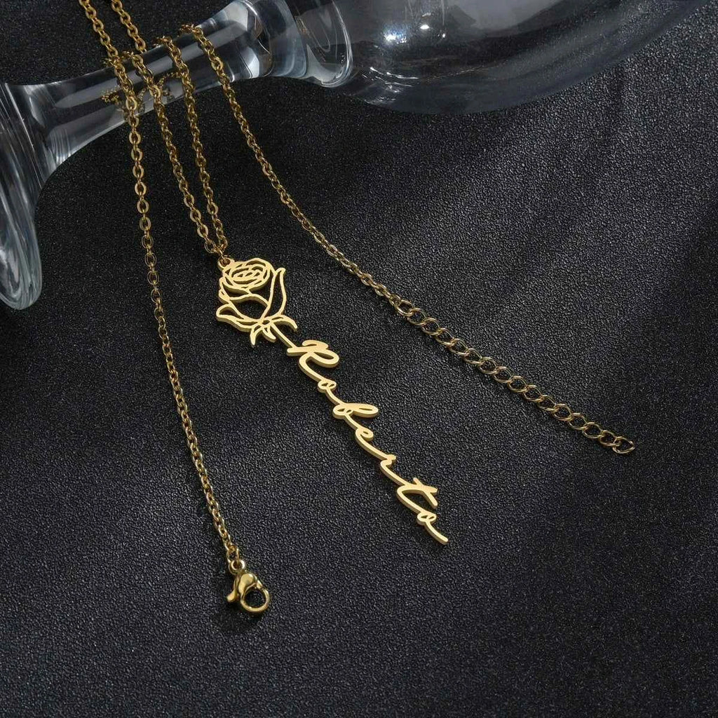 Custom Name Birth Month Flowers Nameplate Choker - Pendant Chain