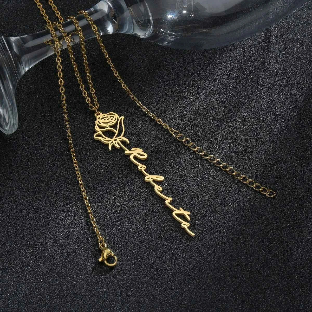 Custom Name Birth Month Flowers Nameplate Choker - Pendant Chain