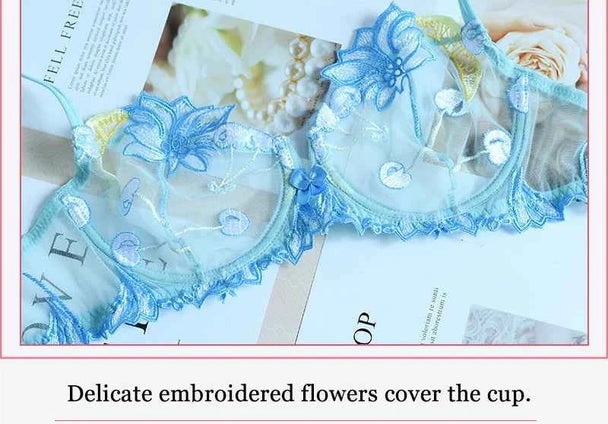 See-Through Flowers Embroidery Bra Set - Plus Size