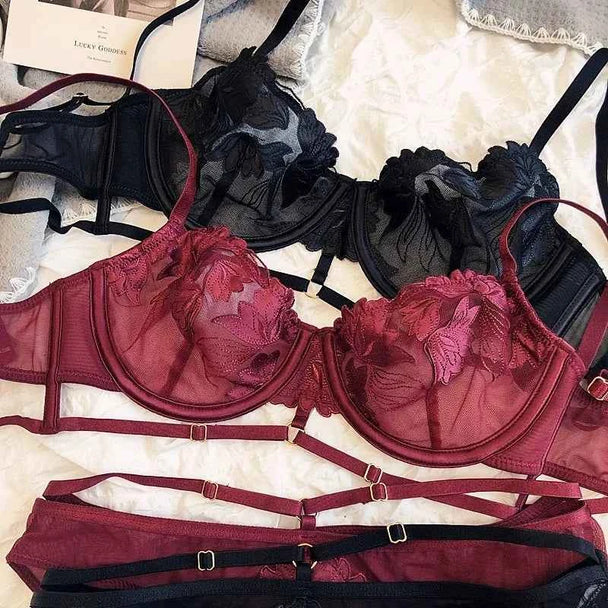 French Ultra-Thin Lace Flowers Embroidery Bra Set