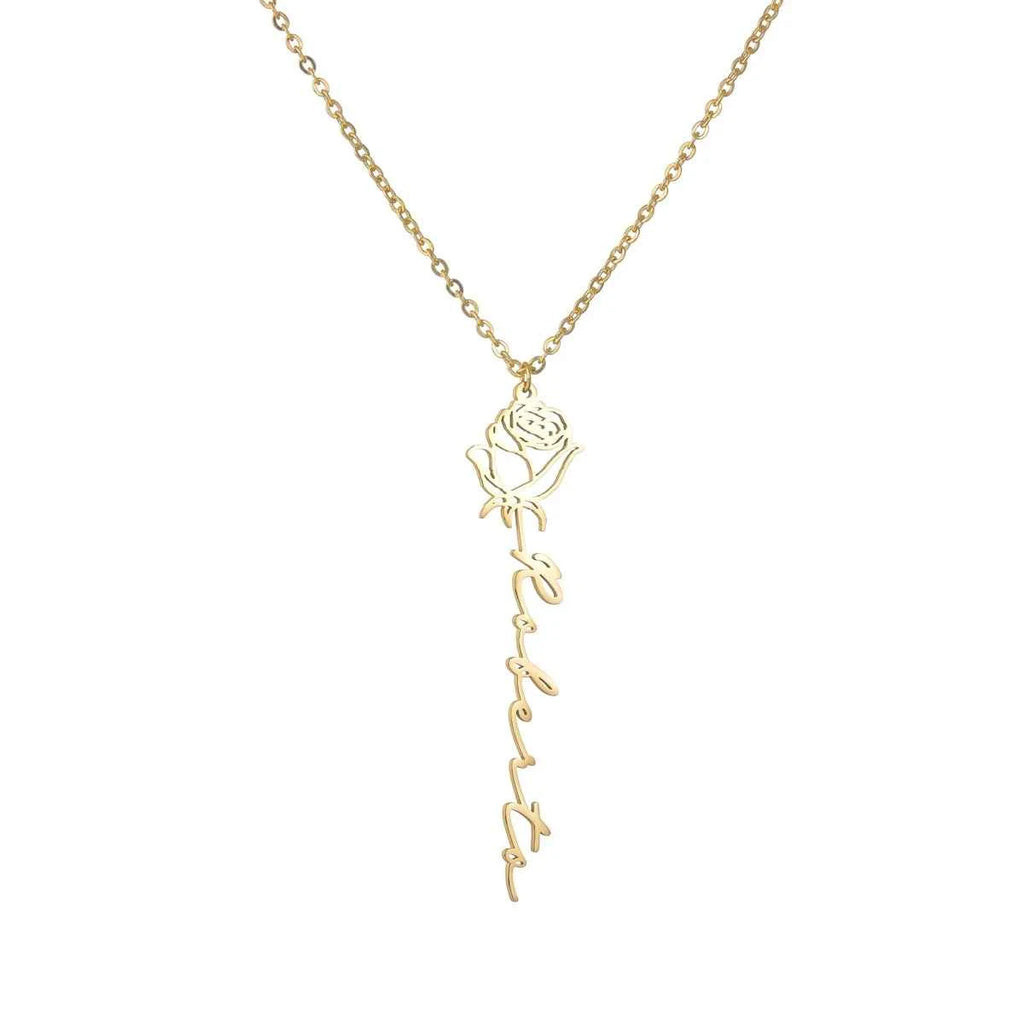 Custom Name Birth Month Flowers Nameplate Choker - Pendant Chain