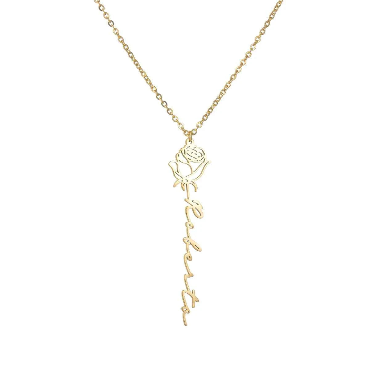 Custom Name Birth Month Flowers Nameplate Choker - Pendant Chain