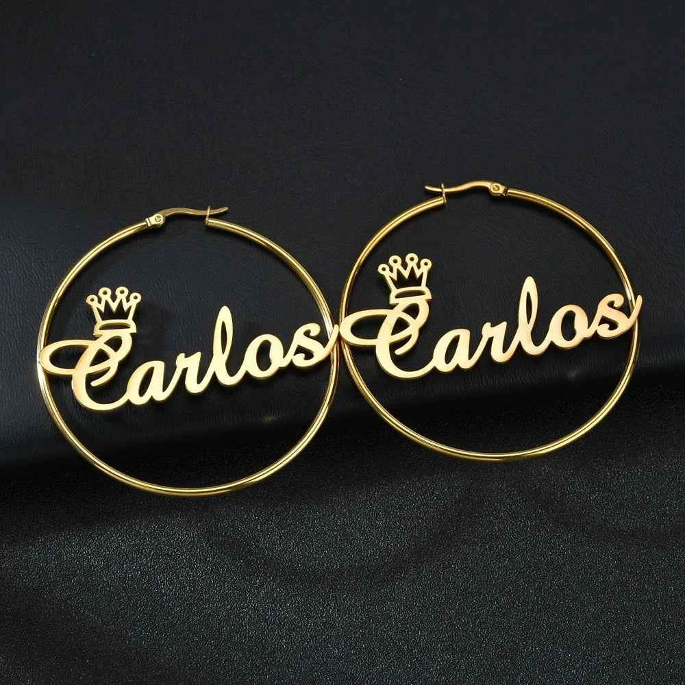 Custom Name 50mm Circle Earrings - Stainless Steel