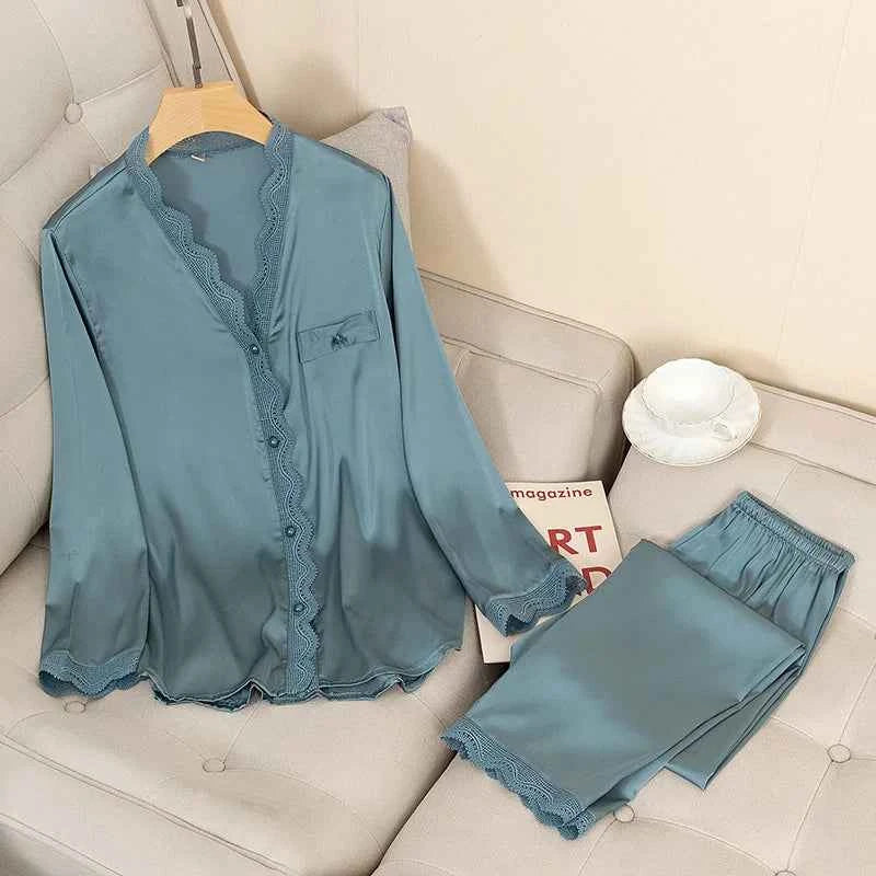 Solid Satin Pajama Set with Lace Trim - SHOPPERS' CASTLE