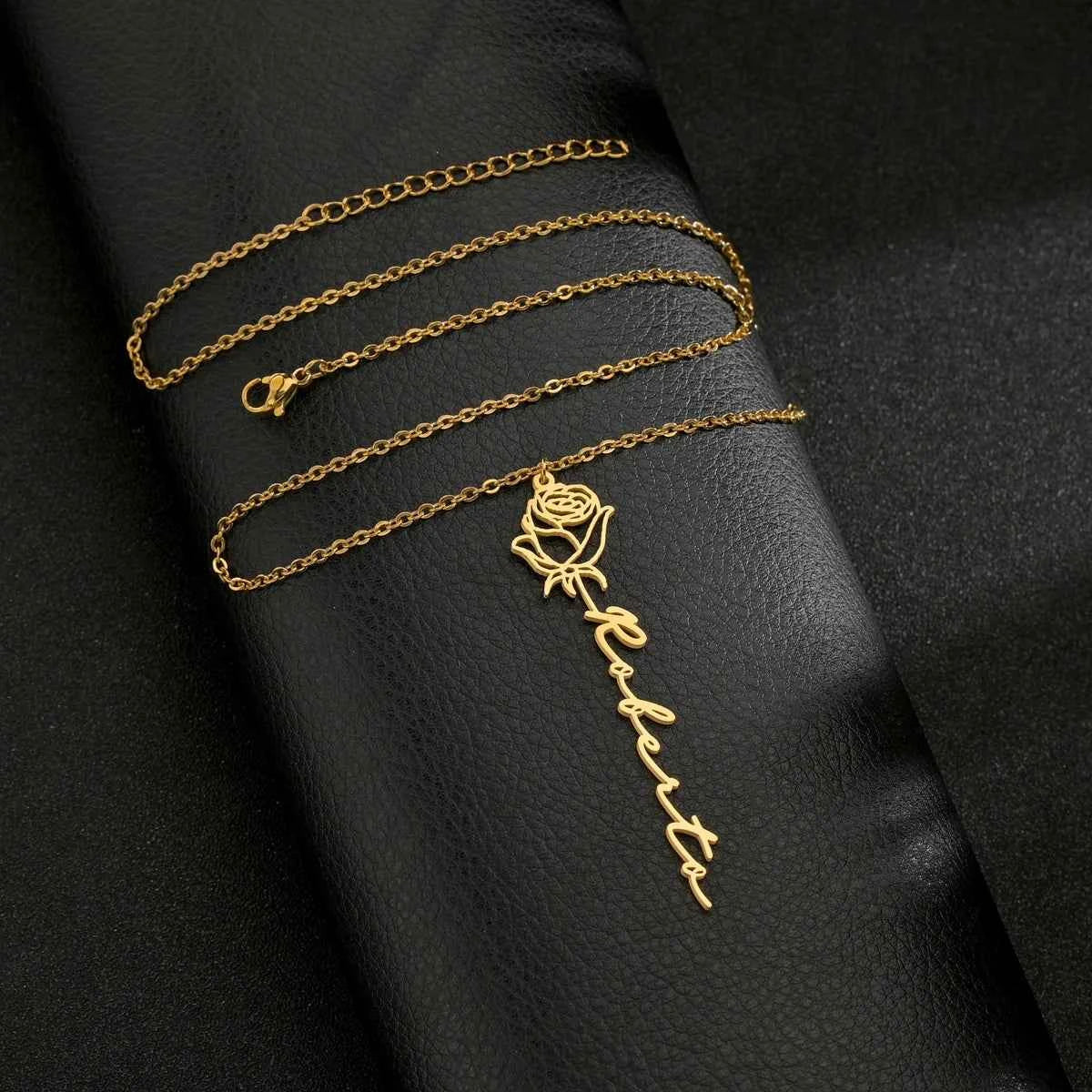 Custom Name Birth Month Flowers Nameplate Choker - Pendant Chain