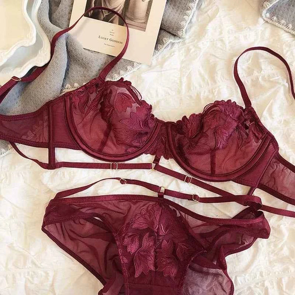 French Ultra-Thin Lace Flowers Embroidery Bra Set