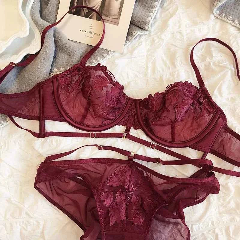 French Ultra-Thin Lace Flowers Embroidery Bra Set