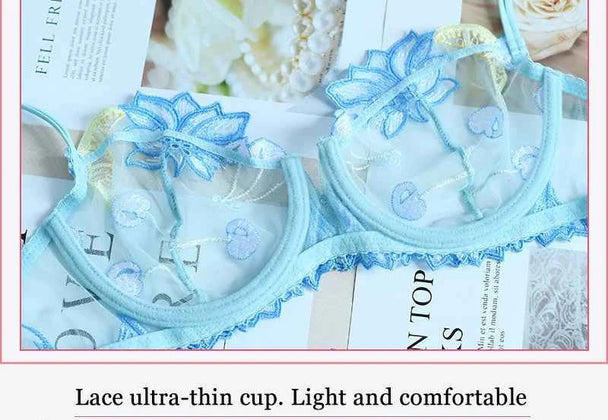 See-Through Flowers Embroidery Bra Set - Plus Size