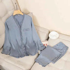 Solid Satin Pajama Set with Lace Trim - SHOPPERS' CASTLE