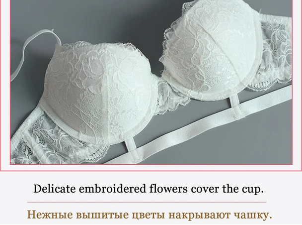 White Hollow Deep V Push-Up Bra Set - Plus Size 3/4 Cup - SHOPPERS' CASTLE