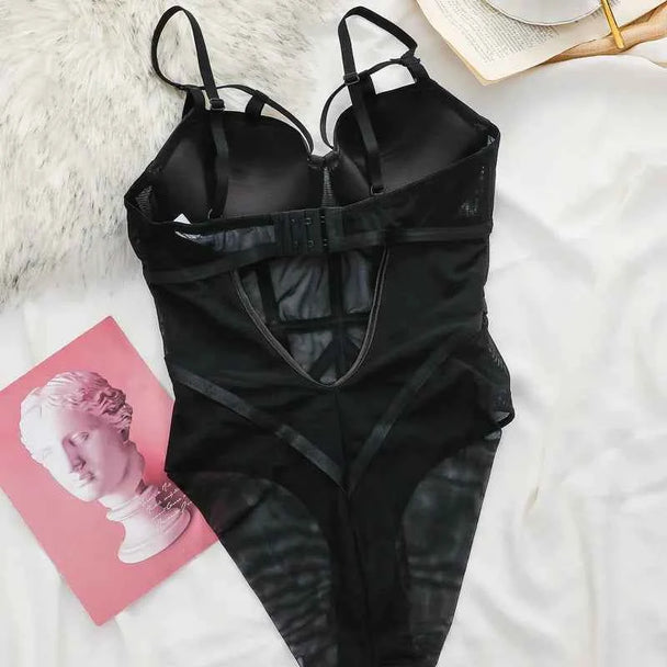 Classic Bandage Transparent Lace Stripe Bodysuit