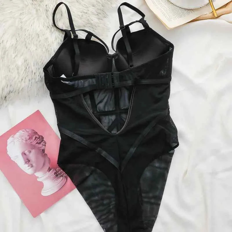 Classic Bandage Transparent Lace Stripe Bodysuit