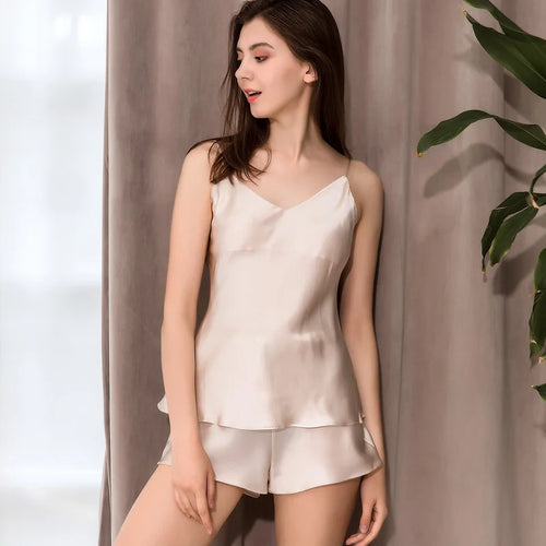 Silk Pajama pj set Shorts Sexy Silk Sleepwear Nightwear Mulberry Silk Pajamas Women Lady  female summer Womens - SHOPPERS' CASTLE