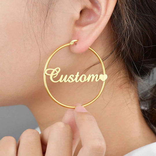 Custom Name 50mm Circle Earrings - Stainless Steel