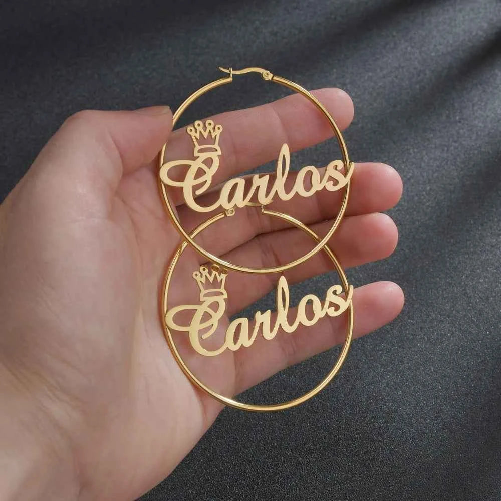 Custom Name 50mm Circle Earrings - Stainless Steel