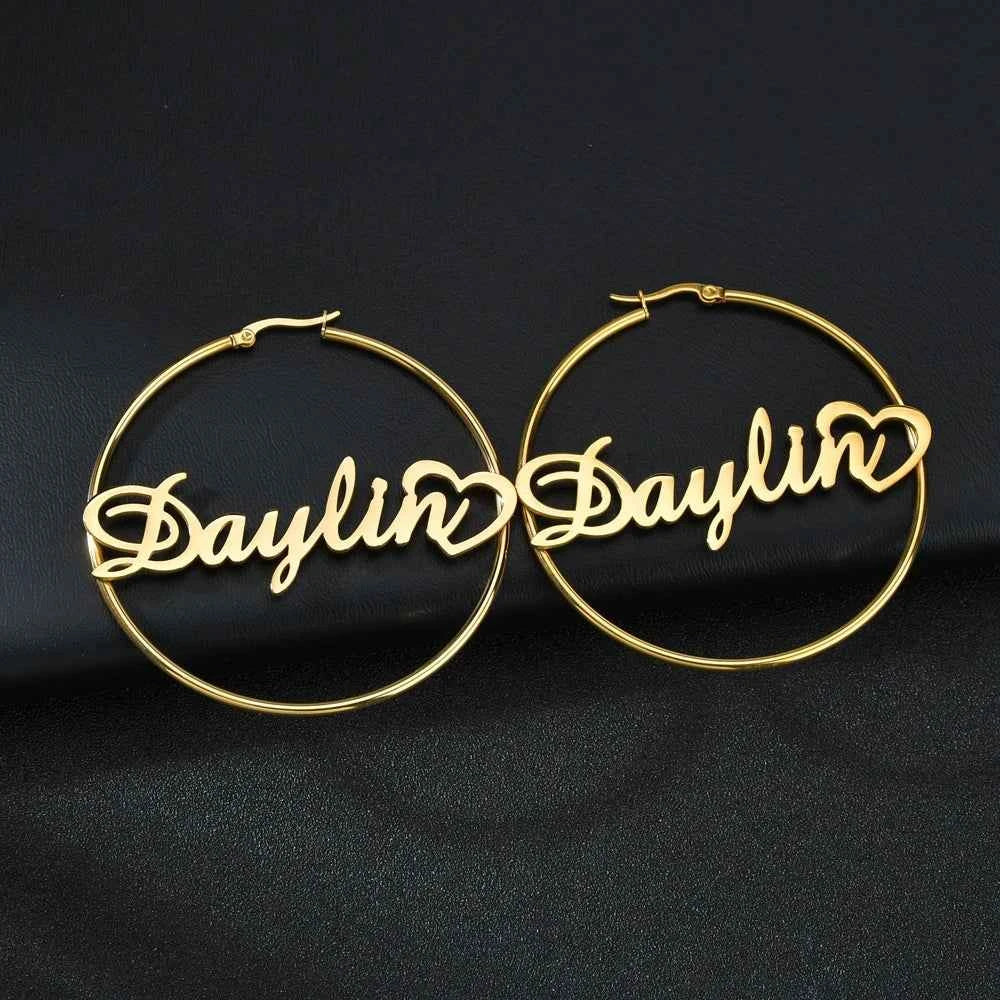 Custom Name 50mm Circle Earrings - Stainless Steel