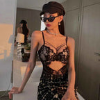 Classic Bandage Hollow Lace Bodysuit with Push-Up Bra
