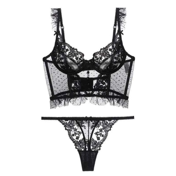 Ultra-Thin Lace Flowers Embroidery Bra & Thong Set with Body Shaper