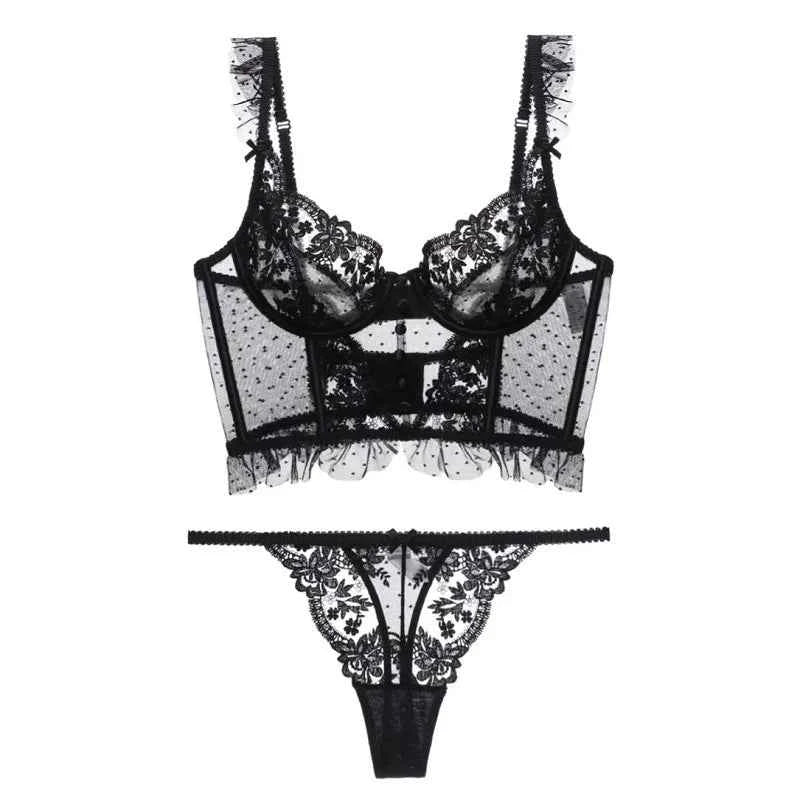 Ultra-Thin Lace Flowers Embroidery Bra & Thong Set with Body Shaper