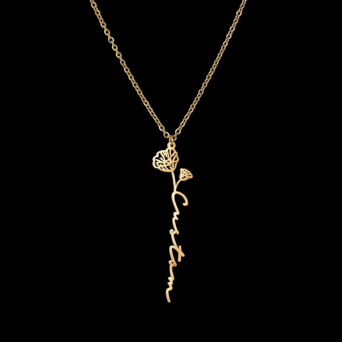 Custom Name Birth Month Flowers Nameplate Choker - Pendant Chain