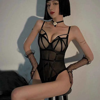 Classic Bandage Transparent Lace Stripe Bodysuit