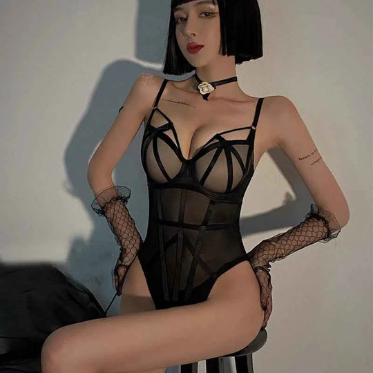 Classic Bandage Transparent Lace Stripe Bodysuit