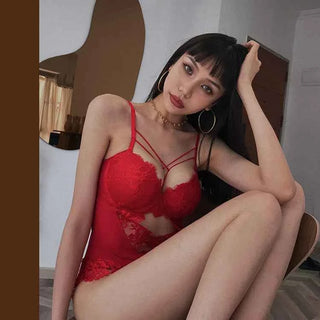 Classic Bandage Hollow Lace Bodysuit with Push-Up Bra