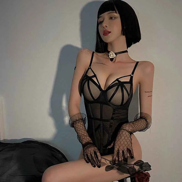 Classic Bandage Transparent Lace Stripe Bodysuit
