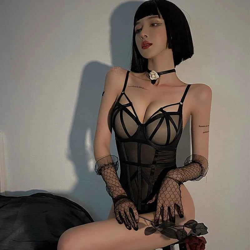 Classic Bandage Transparent Lace Stripe Bodysuit