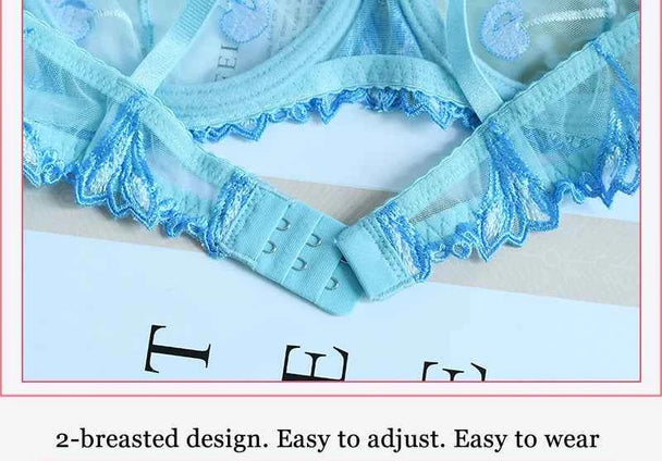 See-Through Flowers Embroidery Bra Set - Plus Size