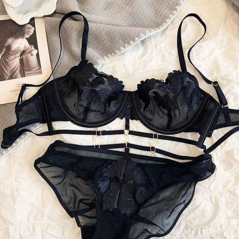 French Ultra-Thin Lace Flowers Embroidery Bra Set