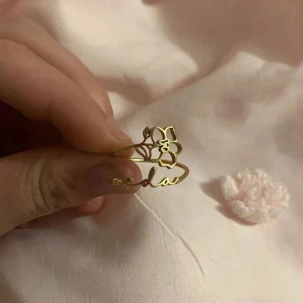 Custom Birth Flower Name Ring - Adjustable