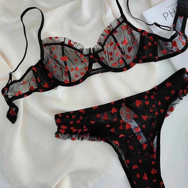 Ultra-Thin Transparent Push-Up Bra & Thong Set with Hearts