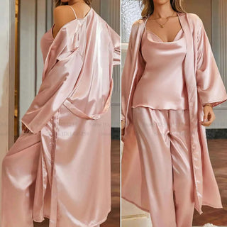 3-Piece Robe Pajama Set with Long Robe - SHOPPERS' CASTLE