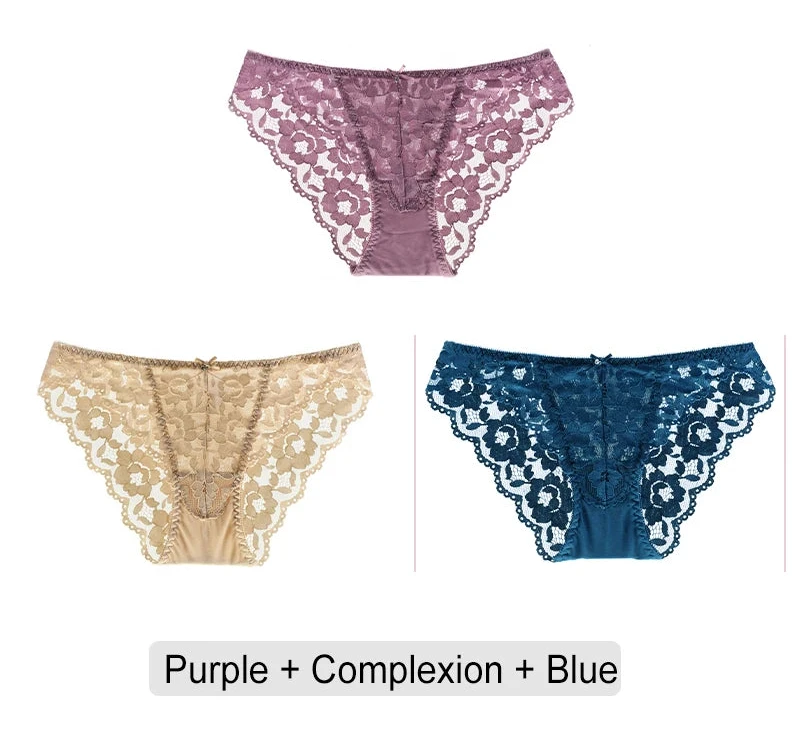 Embroidered Lace Brief Trio - Purple, Blue & Black