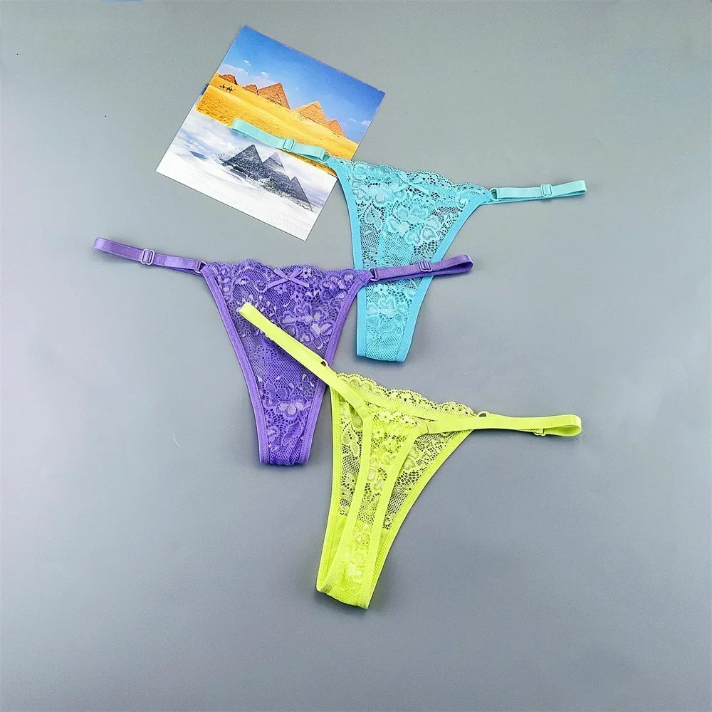 3PCS Adjustable Sexy Transparent Thong Panties Women Lace Underwear Low Waist Female T-back String Underpants - SHOPPERS' CASTLE