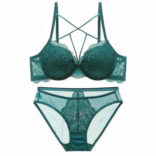 Embroidery Deep V Push-Up Bra Set with Gather Support