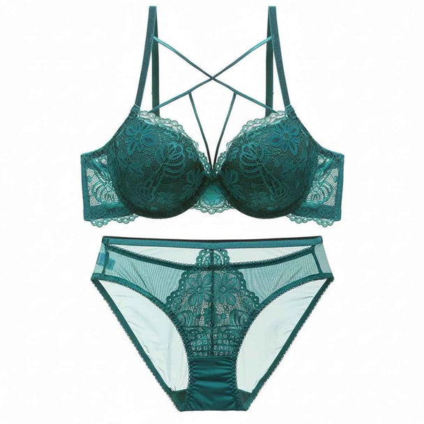 Embroidery Deep V Push-Up Bra Set with Gather Support