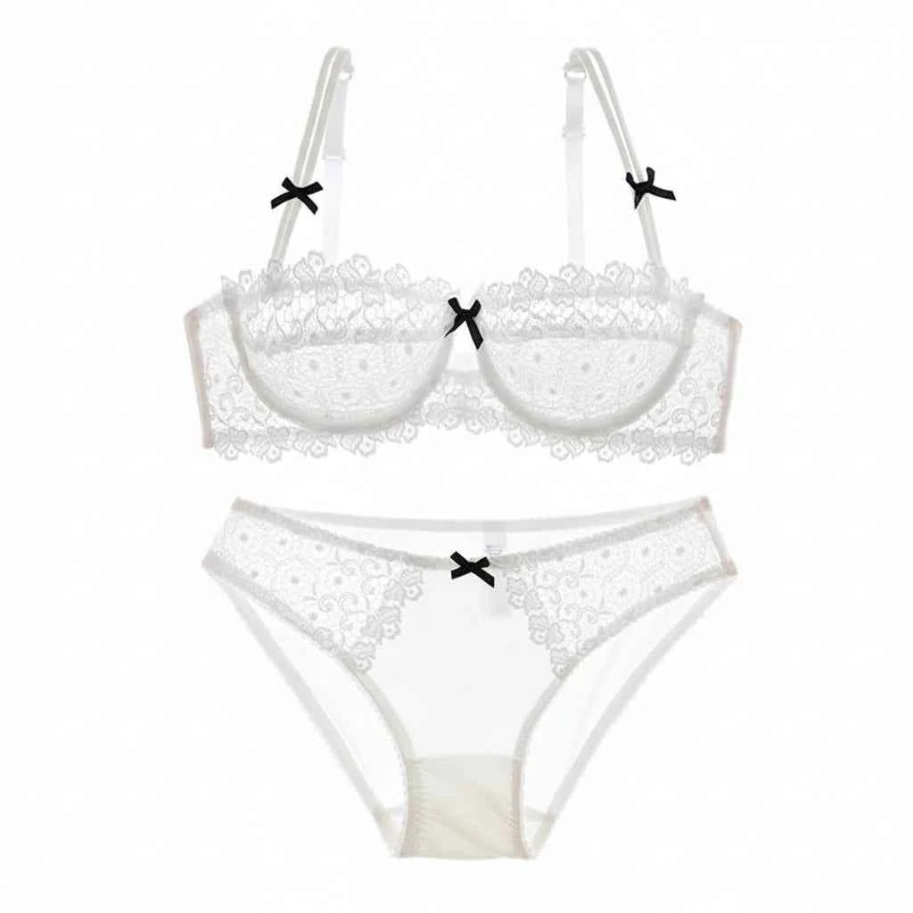 Hollow Half-Cup Transparent Bra Set - Plus Size