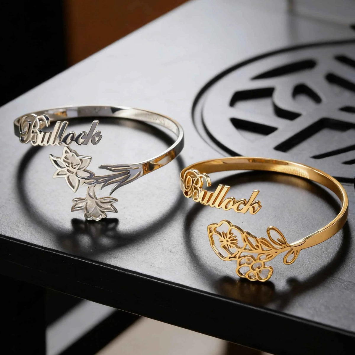 Custom Name Flower Letter Bangle - For Women, Men & Kids
