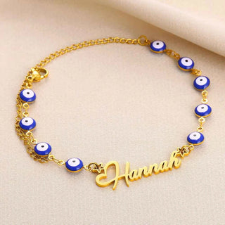 Custom Name Blue Devil's Eye Chain Bracelet - Handmade